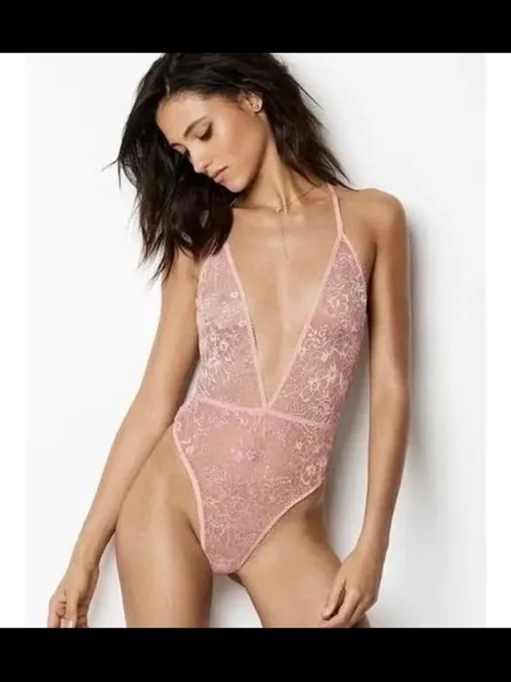 Victoria's Secret Sheer Lace Plunge Thong Bodysuit in Dusty Pink ** Size XS